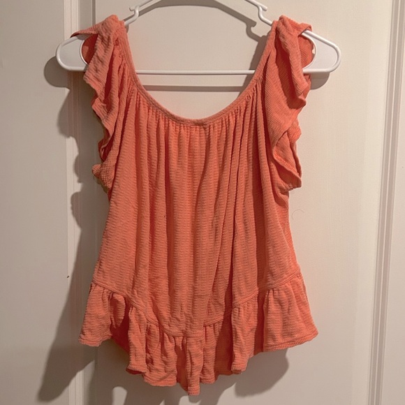We The Free Free People Button Front Ruffle Hem Blouse Coral Size Small - Picture 2 of 2